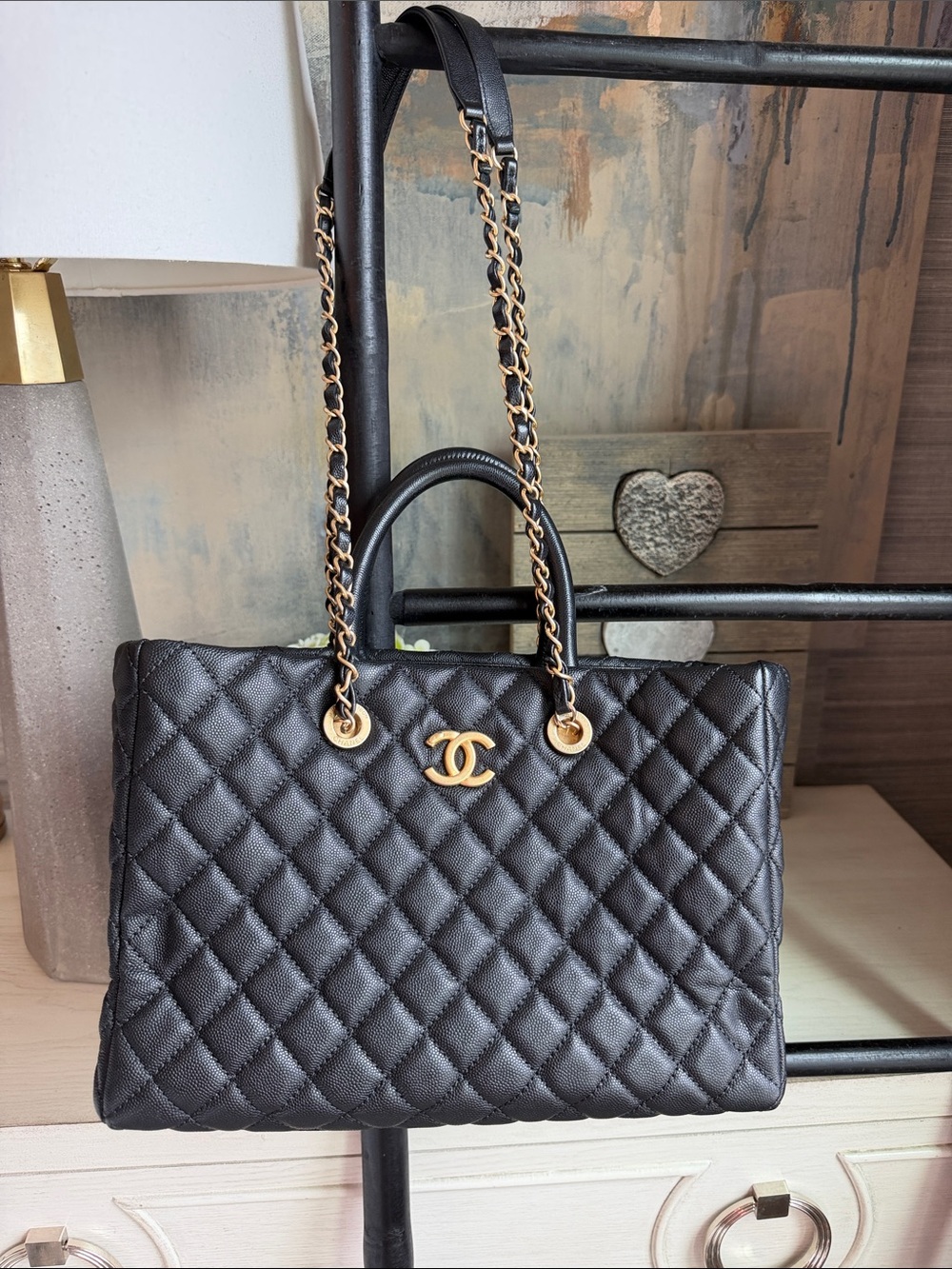 CHANEL Black Quilted caviar Leather Shoulder Tote with Gold Hardware